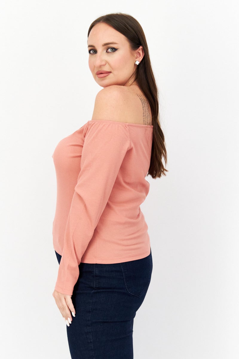 NA-KD بلوزة نسائية بأكتاف مكشوفة وأكمام طويلة مع أزرار، وردي باهت - Image 2